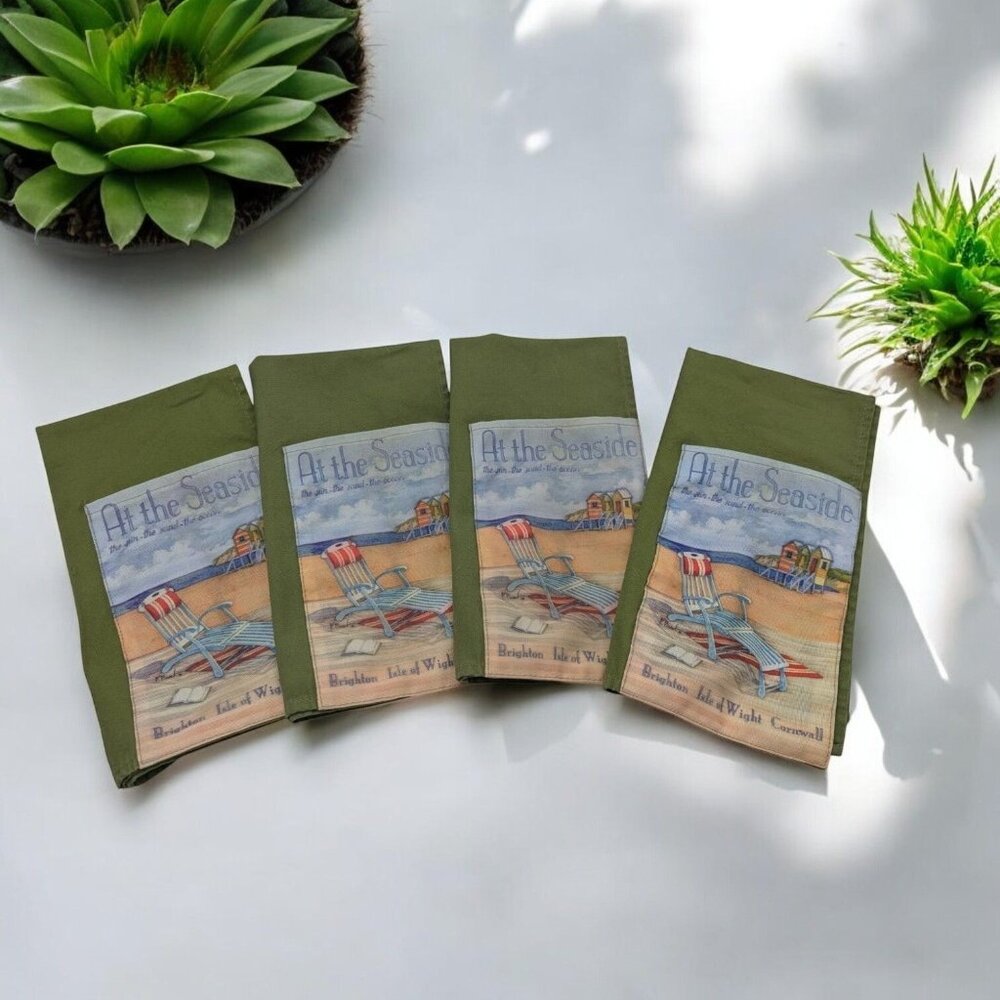 Set Of 4 Cypress Home Green At The Seaside Napkins WUtensil Pockets 100% Cotton